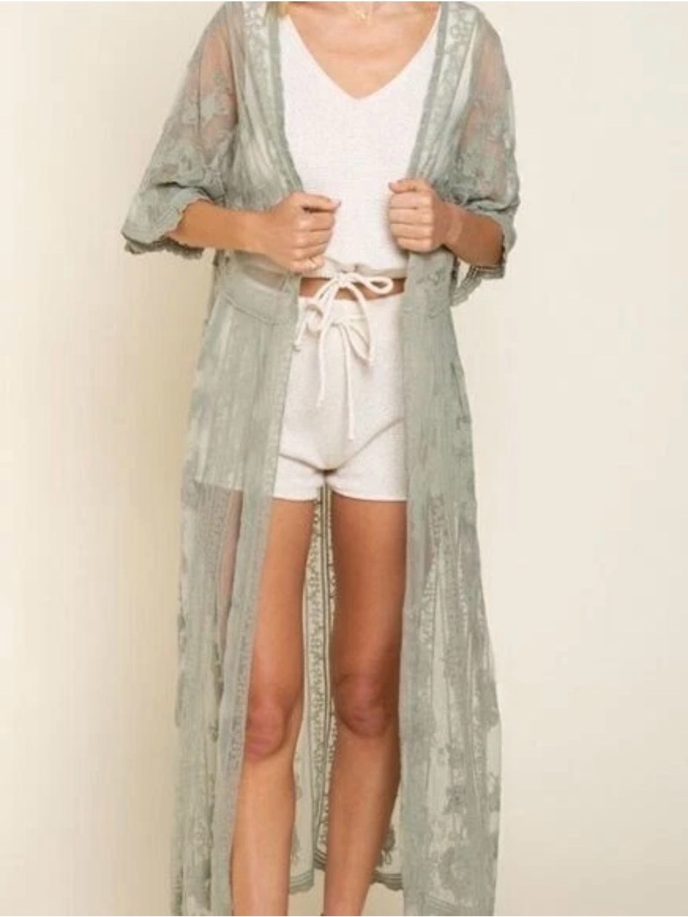 POL Sage Green Floral Lace Embroidered Maxi Kimono Duster Size S/M